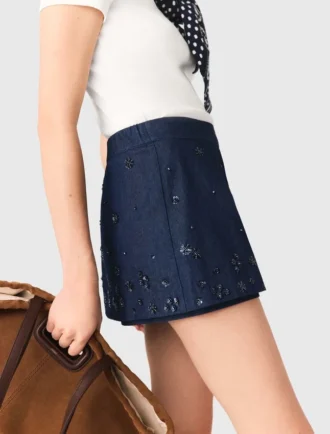 Saia-calça de ganga bordada com efeito em camadas