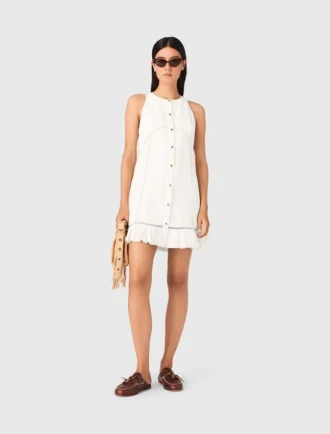 Vestido bordado em mistura de linho