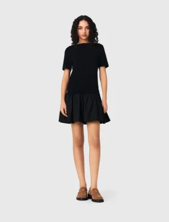 Vestido curto de malha e tafetá