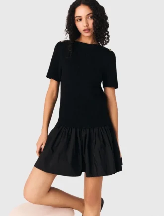 Vestido curto de malha e tafetá