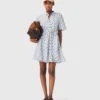 Vestido curto estampado em mistura de linho