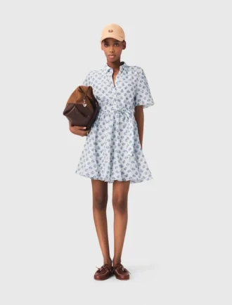 Vestido curto estampado em mistura de linho