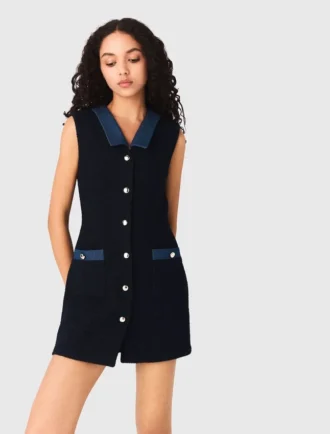 Vestido de tweed com detalhes em ganga
