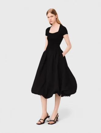 Vestido longo em malha canelada e tafetá