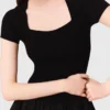 Vestido longo em malha canelada e tafetá