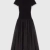 Vestido longo em malha canelada e tafetá