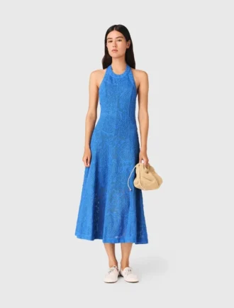 Vestido maxi de guipure sem costas