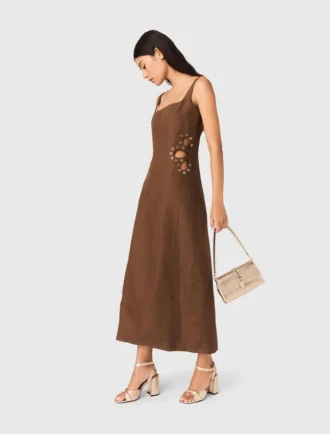 Vestido maxi em mistura de linho