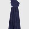 Vestido maxi plissado assimétrico