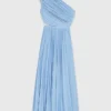 Vestido maxi plissado assimétrico