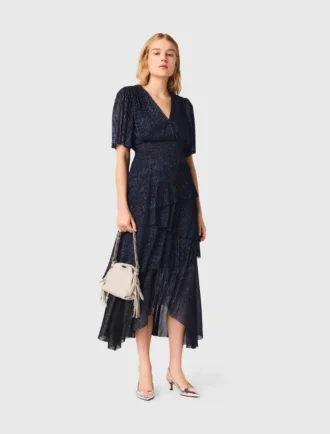 Vestido midi com folhos metálicos