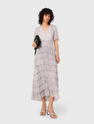 Vestido midi com folhos metálicos