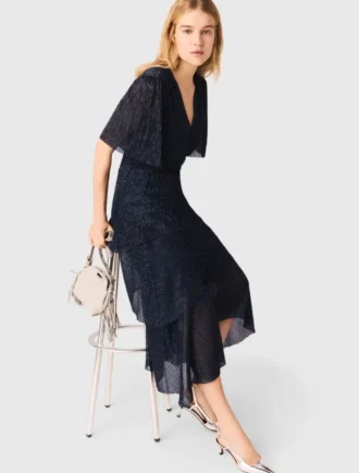 Vestido midi com folhos metálicos