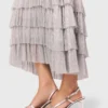 Vestido midi com folhos metálicos
