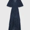Vestido midi com folhos metálicos