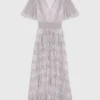 Vestido midi com folhos metálicos