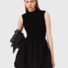 Vestido mini em malha canelada e tafetá